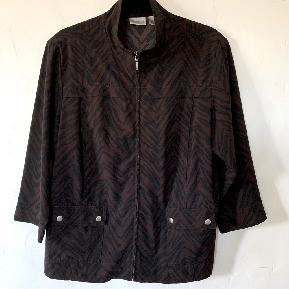 Chico’s Animal Print Brown and Black Zip Front Casual Blazer Size Large - Picture 2 of 13